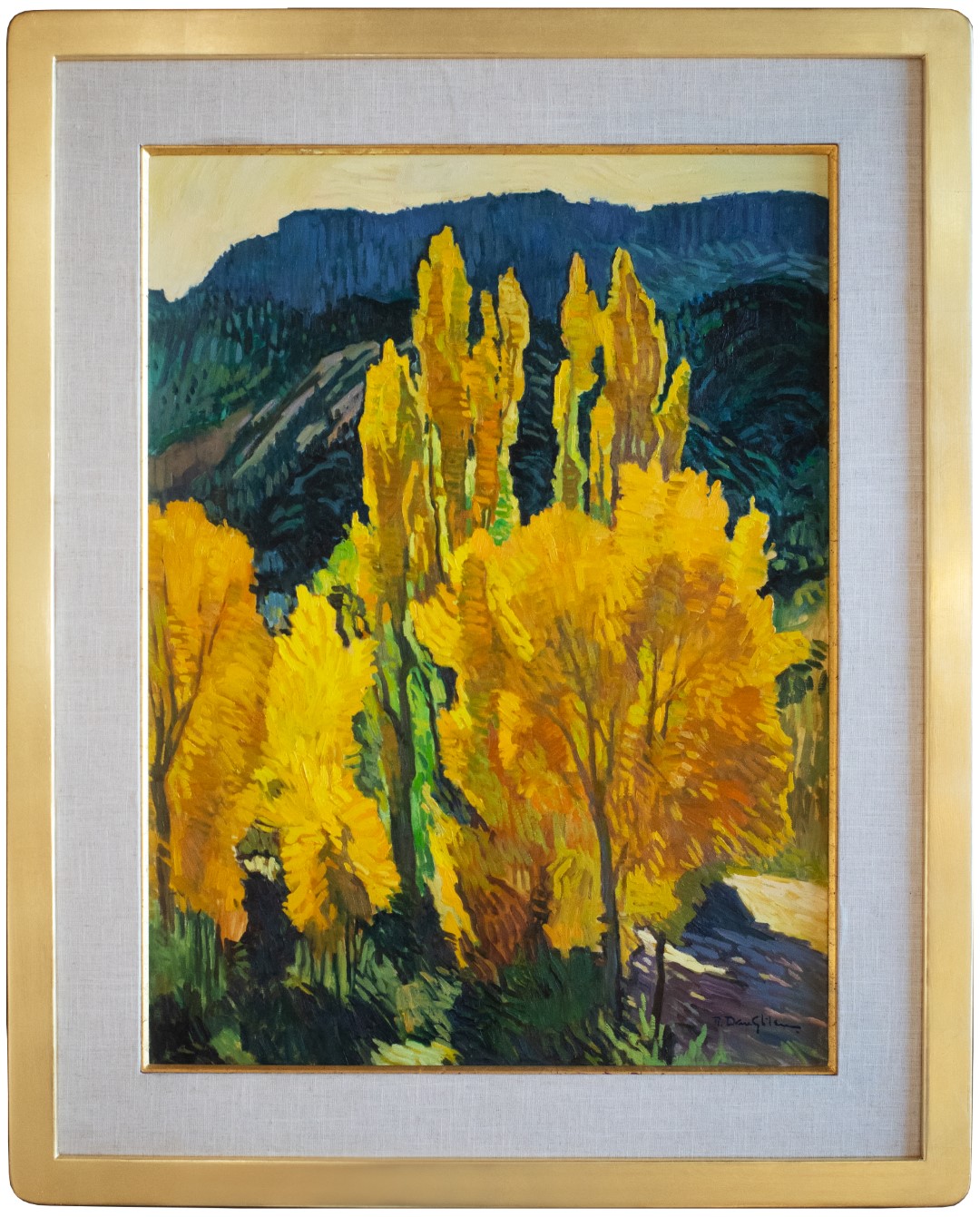 Robert Daughters Painting of trees turning yellow with a mountain in the background. Title: Valley Poplars